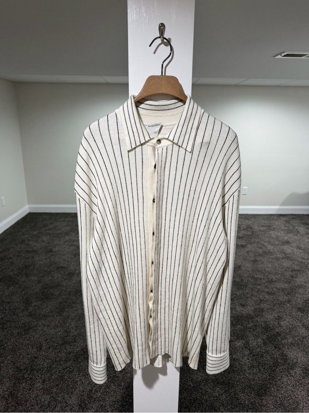 Bottega Veneta 2023 Pinstriped Linen Knit Sweater Button Up Shirt